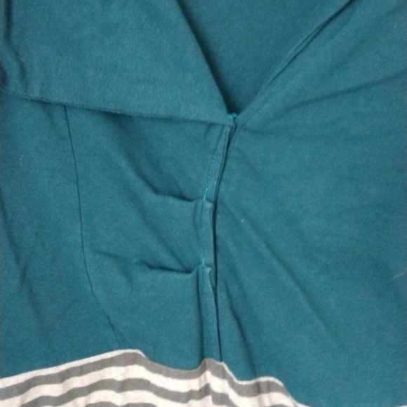 Upcycled Short Sleeve Teal and Gray Short Dress with Flower and Stripes Size XL - Picture 3 of 6